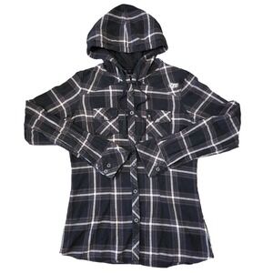 FOX Hooded Flannel Shirt Womens Size M Plaid Long Sleeve Skater Y2k 2000s Punk